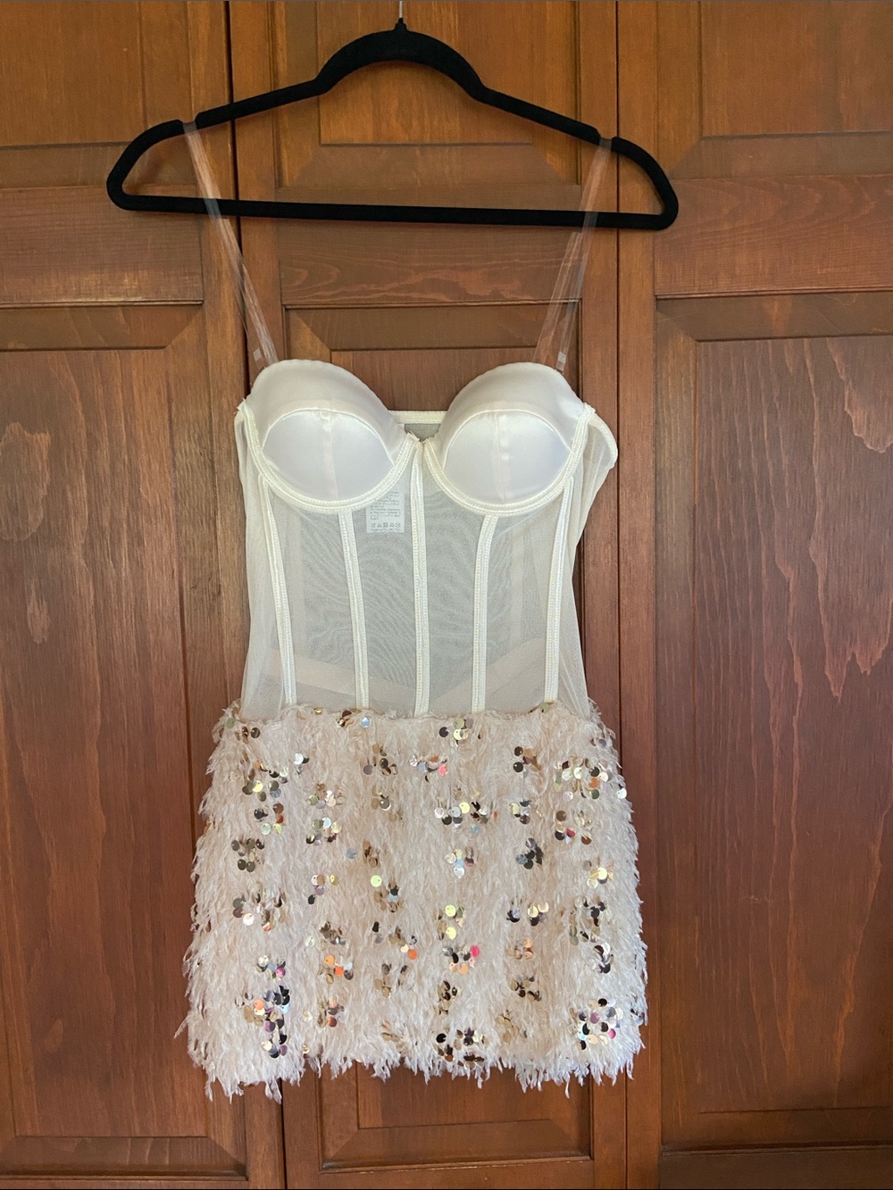 Stunning Ivory Sheer Bustier Mini Dress with Sequin Feather Skirt